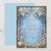 Invitation Misty Blue Enchanted Forest Gold Frame Wedding (Devant / Derrière)