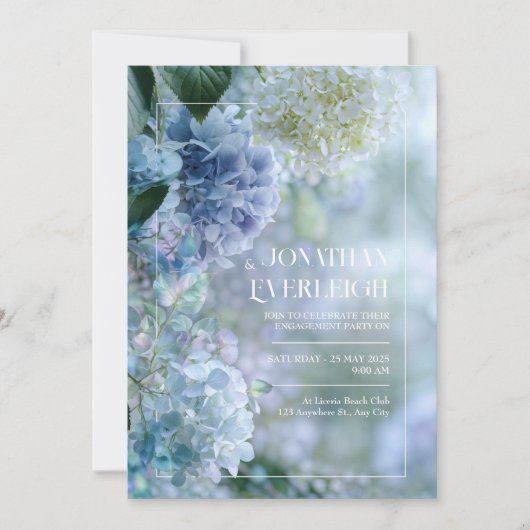 Invitation Misty Blue White Hydrangea Garden Frame Wedding (Devant)