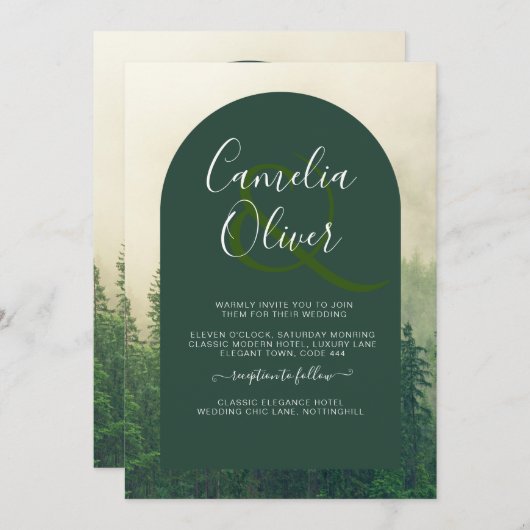 Invitation Misty Green Forest Pine Trees Mariage (Devant / Derrière)