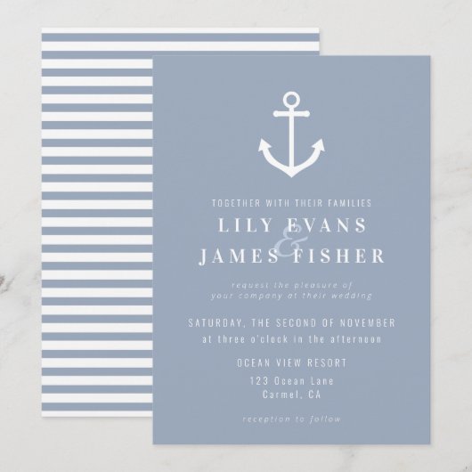 Invitation Misty Morning Blue Grey Ancre Nautique Mariage dan (Devant / Derrière)