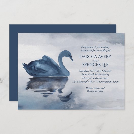 Invitation Misty Reflections | Dusty Blue Swan Lake Mariage (Devant / Derrière)