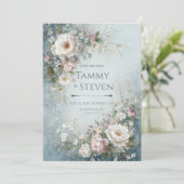 Invitation Misty Teal Watercolor Ivory Rose Wedding (Debout devant)