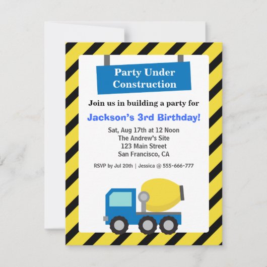 Invitation Mixer Truck Construction Thème anniversaire de enf (Devant)