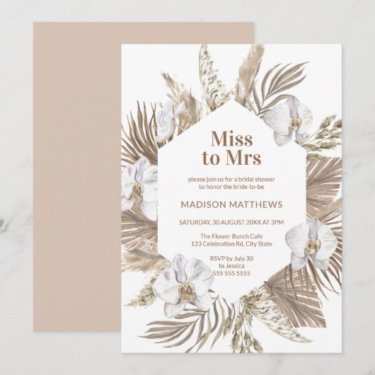 Invitation Mlle à Mme Boho Floral Fête des mariées Pampas Ros (Devant / Derrière)
