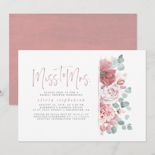 Invitation Mlle à Mme Dusty Fête des mariées florale rose (Devant / Derrière)