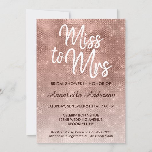 Invitation Mlle à Mme Pink Rose Rose Gold Shimmer Fête des ma (Devant)