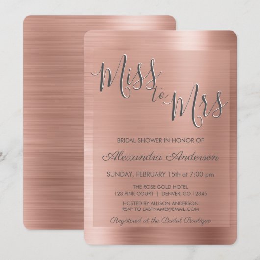 Invitation Mlle à Mme Rose Gold | Fête des mariées rose pâle (Devant / Derrière)