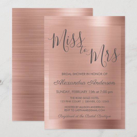 Invitation Mlle à Mme Rose Gold | Fête des mariées rose pâle (Devant / Derrière)