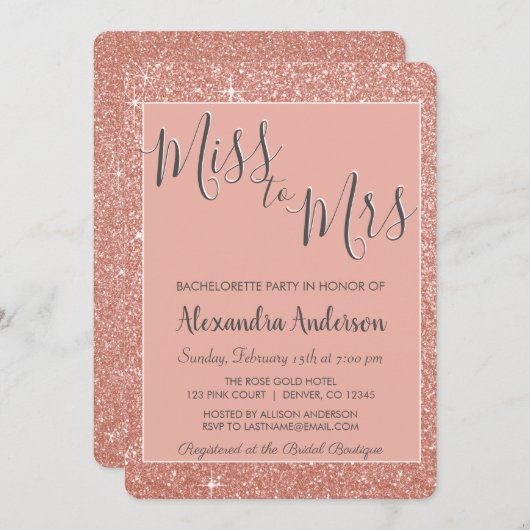 Invitation Mlle à Mme Rose Gold Parties scintillant Bachelore (Devant / Derrière)