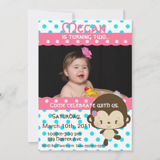 Invitation Mlle Monkey Birthday Invitation-Rose-Bleu de Lil (Devant)