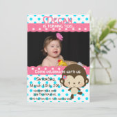 Invitation Mlle Monkey Birthday Invitation-Rose-Bleu de Lil (Debout devant)