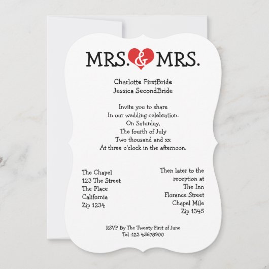 Invitation Mme et Mme Love Heart Mariage lesbienne (Devant)