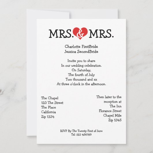 Invitation Mme et Mme Love Heart Mariage lesbienne (Devant)