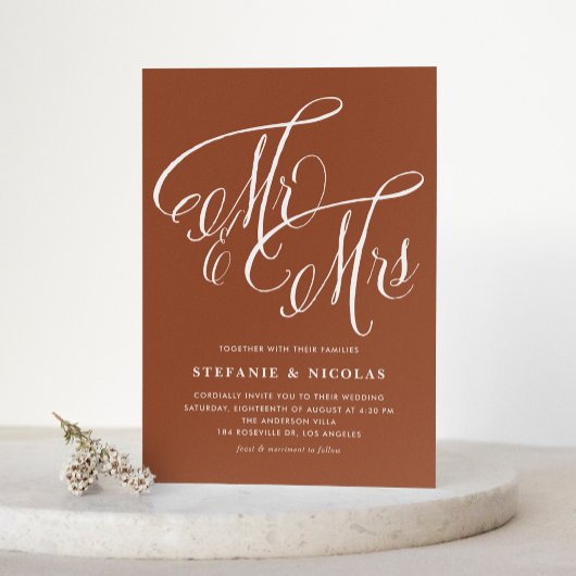 Invitation Mme & Mme Rustic Script Terracotta QR Code Mariage