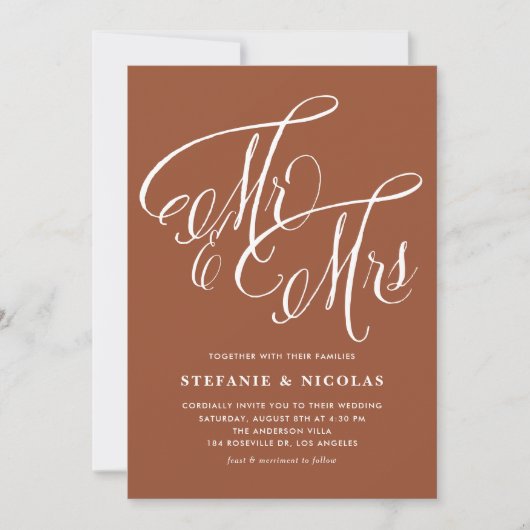 Invitation Mme & Mme Rustic Script Terracotta QR Code Mariage (Devant)