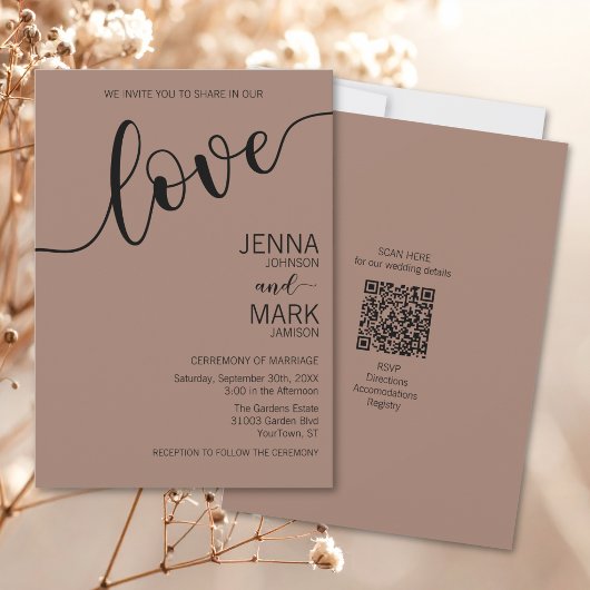 Invitation Mocha Black Love Script Minimalist Wedding