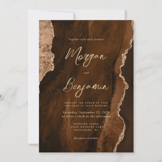 Invitation Mocha Brown Agate Gold Script QR Code Mariage (Devant)