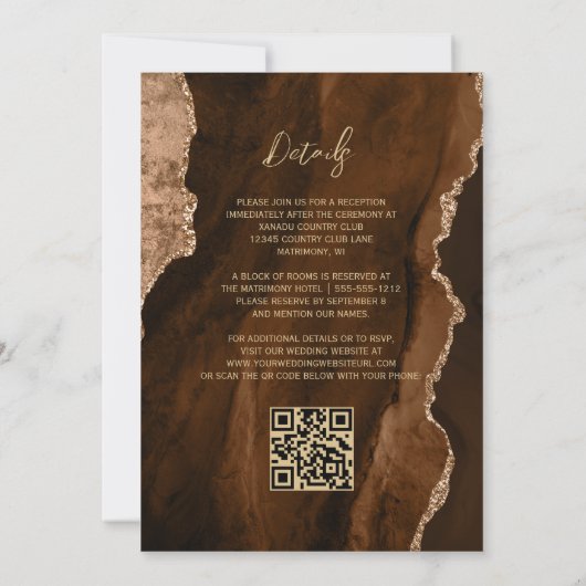 Invitation Mocha Brown Agate Gold Script QR Code Mariage (Dos)
