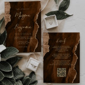 Invitation Mocha Brown Agate Gold Script QR Code Mariage