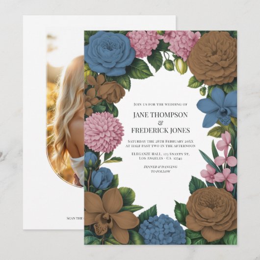 Invitation Mocha Brown, Dusty Blue & Soft Pink Floral Wedding (Devant / Derrière)