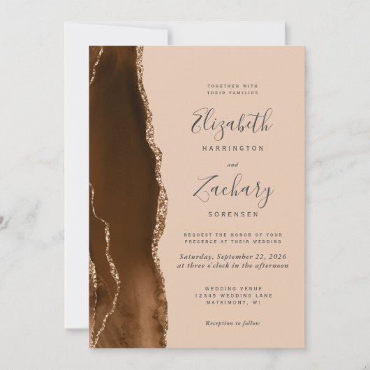 Invitation Mocha Brown Gold Agate Tam QR Code Mariage (Devant)