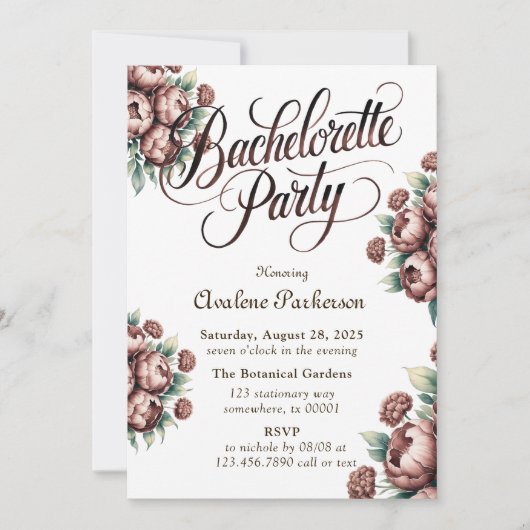 Invitation Mocha Brown Peony Bachelorette Party (Devant)