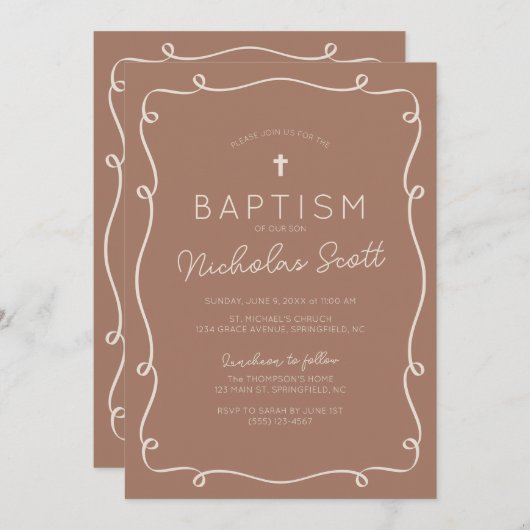 Invitation Mocha Brown Squiggle Baptême (Devant / Derrière)