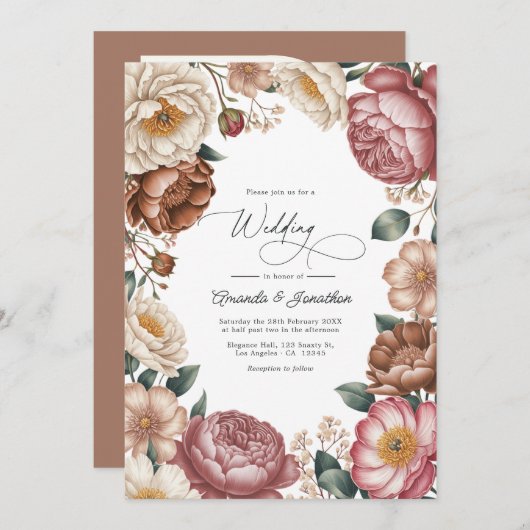 Invitation Mocha, Cream & Dusty Rose Floral Wedding QR Code (Devant / Derrière)