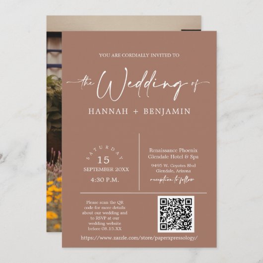 Invitation Mocha Mousse Boho Arch QR Code Photo (Devant / Derrière)