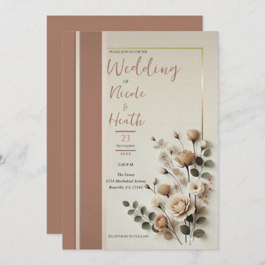 Invitation Mocha Mousse Mariage floral neutre (Devant / Derrière)