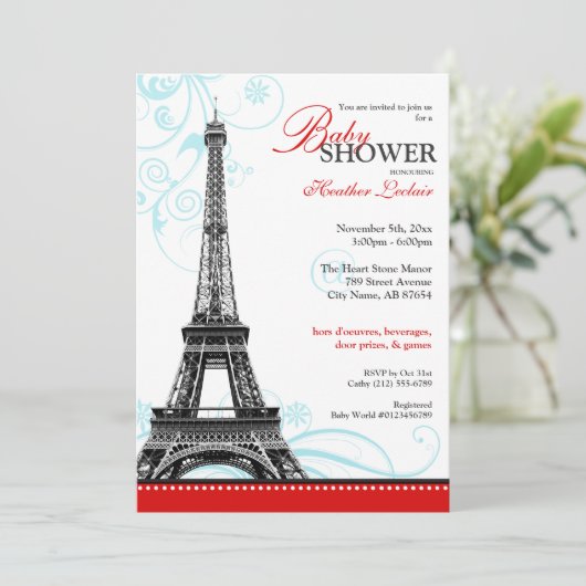 Invitation Mod Flourdir Tour Eiffel Baby shower parisien (Debout devant)