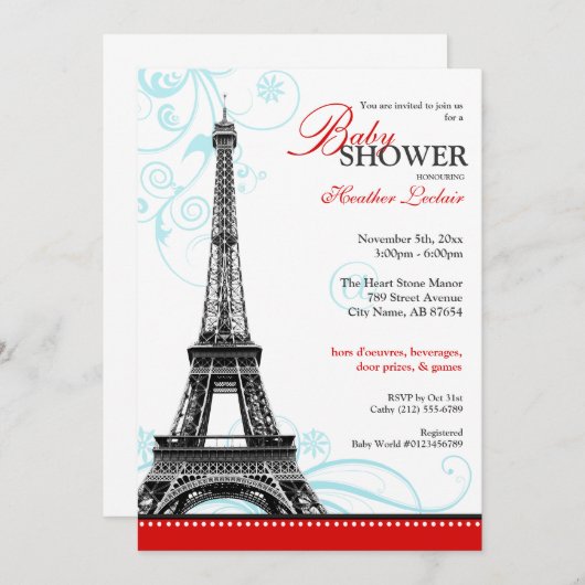 Invitation Mod Flourdir Tour Eiffel Baby shower parisien (Devant / Derrière)