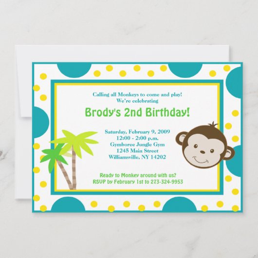 Invitation Mod Singe bleu et jaune Anniversaire 5x7 (Devant)