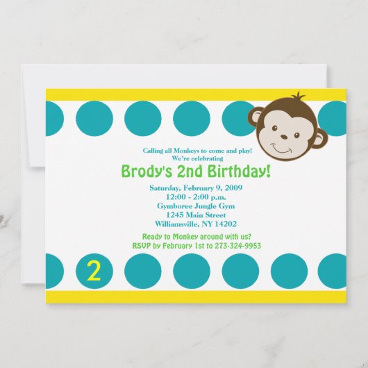 Invitation Mod Singe Bleu/Jaune Anniversaire 5x7 (Devant)