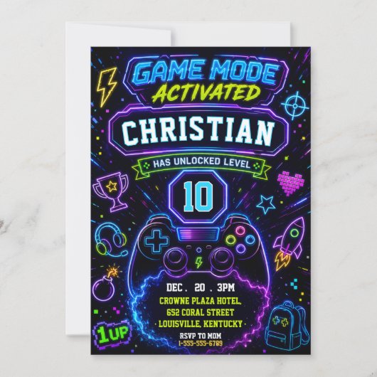 Invitation Mode de jeu néon activé Fête d'anniversaire de jou (Devant)