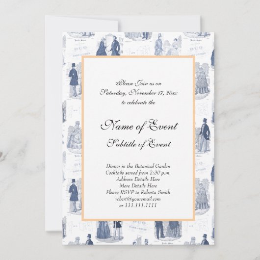 Invitation Mode française vintage toile bleue et blanche (Dos)