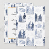 Invitation Mode française vintage toile bleue et blanche (Devant / Derrière)