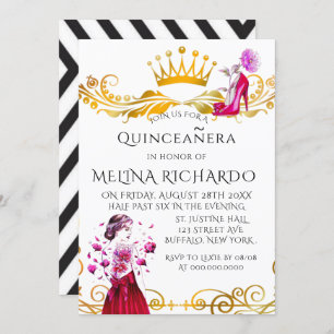 Invitation Mode moderne noire rayure rose Quinceanera Party
