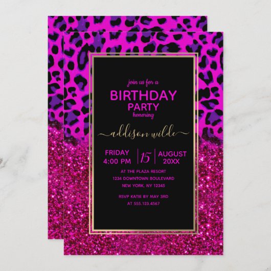 Invitation Mode moderne Parties scintillant rose violet Leopa (Devant / Derrière)
