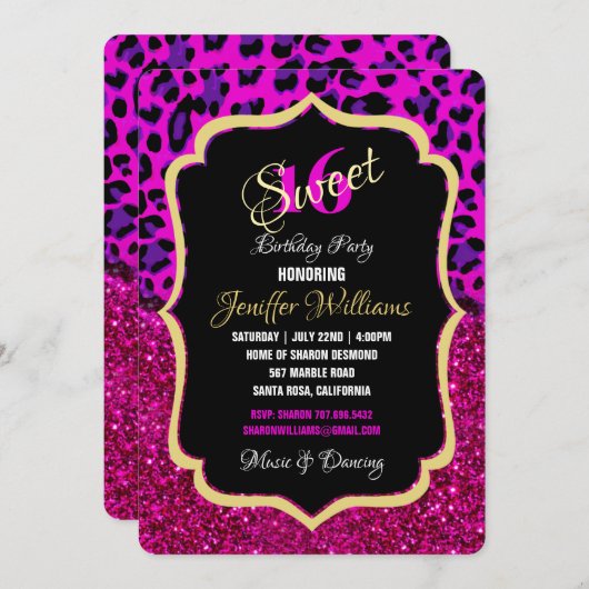 Invitation Mode moderne Parties scintillant rose violet Leopa (Devant / Derrière)