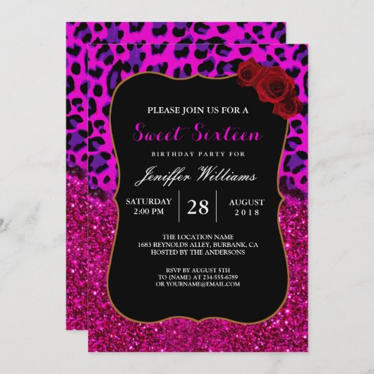 Invitation Mode moderne Parties scintillant rose violet Leopa (Devant / Derrière)