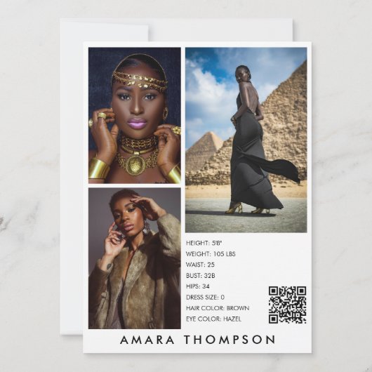 Invitation Model Actor Modeling Comp Card 4 Photo QR Code (Dos)