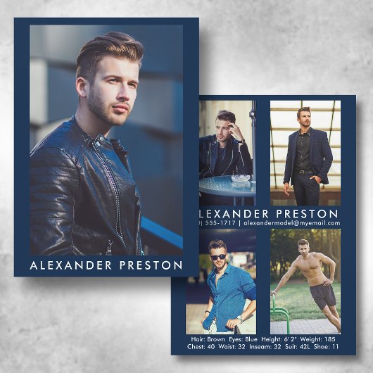 Invitation Modèle Acteur 5x7 Comp Card 4 Photo Retour Bleu