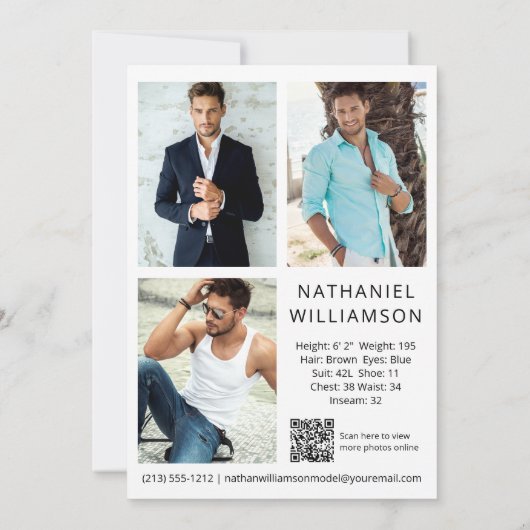 Invitation Modèle Acteur QR Code 4 Photo Pro Comp Card (Dos)