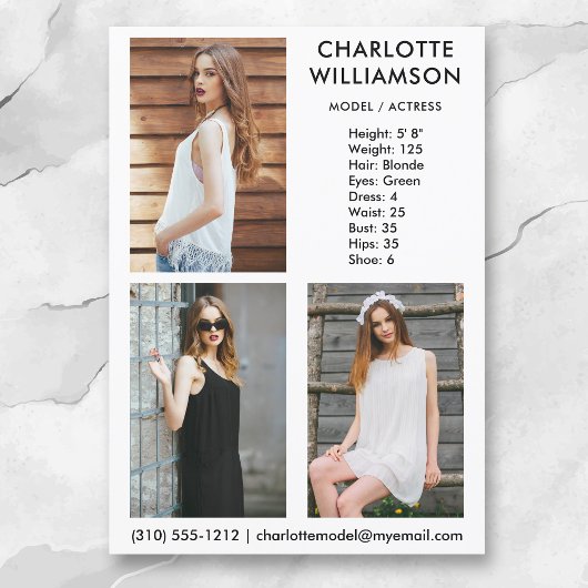 Invitation Modèle Actor 3 Photo Comp Card 5x7 Wht