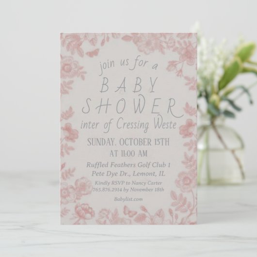 Invitation Modèle Baby shower rose (Debout devant)