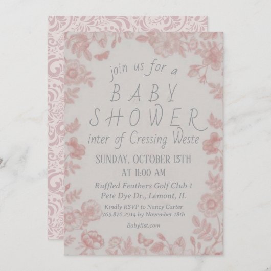 Invitation Modèle Baby shower rose (Devant / Derrière)