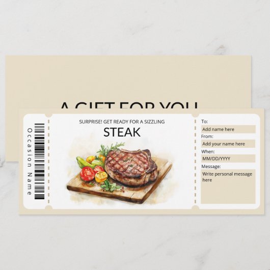 Invitation Modèle chèque cadeau Steak modifiable (Devant / Derrière)
