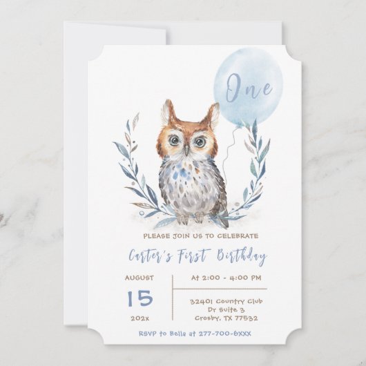 Invitation Modèle d'anniversaire garçon Blue Owl (Devant)