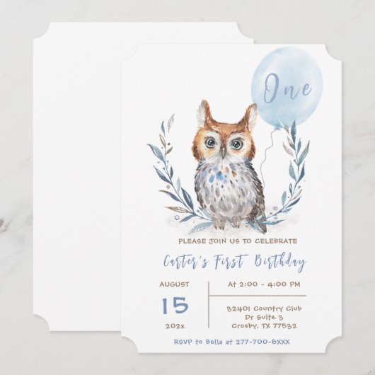 Invitation Modèle d'anniversaire garçon Hibou Bleu (Devant / Derrière)